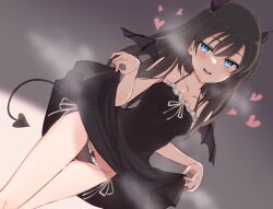Rule 34 | 1girl, :d, bare arms, bare shoulders, black dress, black hair, black panties, blue eyes, blush, bow, bow panties, breasts, collarbone, commentary, demon girl, demon tail, dress, dutch angle, frilled panties, frills, hair between eyes, heart, highres, horns, layla (mino), long hair, looking at viewer, medium breasts, nonono (mino), open mouth, original, panties, ringed eyes, side-tie panties, skirt hold, sleeveless, sleeveless dress, smile, solo, spaghetti strap, sweat, tail, thighs, underwear, wings