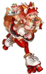 Rule 34 | 1girl, alternate costume, animal ears, animal hands, bell, bow, breasts, character name, cleavage, closed eyes, cup, facing viewer, fate/grand order, fate (series), fox ears, fox tail, full body, gloves, hat, heart, highres, holding, holding tray, jingle bell, layered skirt, long hair, lostroom outfit (fate), medium breasts, name tag, neck bell, official art, open mouth, parfait, paw gloves, pink hair, ponytail, puffy sleeves, red bow, red hat, red thighhighs, roller skates, shirt, skates, skirt, smile, solo, spoon, standing, standing on one leg, star (symbol), striped clothes, striped shirt, tail, tamamo (fate), tamamo cat (fate), teacup, thighhighs, transparent background, tray, visor cap, wada arco, waitress, wrist bow, wrist cuffs, zettai ryouiki