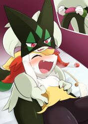 Rule 34 | 2girls, ^ ^, absurdres, animal ear fluff, animal ears, animal hands, animal nose, armpits, arms up, bed sheet, bell, black fur, blush, bottle, bound, bound wrists, braixen, breath, cat teaser, closed eyes, cowboy shot, creatures (company), fang, feathers, female focus, flat chest, fox ears, fox girl, fox tail, furry, furry female, furry with furry, game freak, gen 6 pokemon, green fur, green hair, half-closed eyes, highres, jingle bell, laughing, light blush, looking at another, looking down, lying on lap, meowscarada, multicolored fur, multiple girls, multiple views, neck fur, nintendo, nose blush, open mouth, pokemon, pokemon (creature), red eyes, rope, short hair, sitting, smile, snout, tail, tears, textless version, thick thighs, thighs, tickle torture, tickling, tickling sides, two-tone fur, vitamin t, white feathers, white fur, yellow fur, yuri