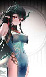 Rule 34 | 1girl, arknights, backlighting, bare shoulders, black hair, blue dress, blush, breasts, china dress, chinese clothes, closed mouth, commentary request, covered erect nipples, covered navel, cowboy shot, dragon girl, dragon horns, dragon tail, dress, dusk (arknights), dusk (everything is a miracle) (arknights), earrings, green hair, h.carrrrrrot, horns, jewelry, large breasts, looking at viewer, mixed-language commentary, multicolored hair, no panties, official alternate costume, pelvic curtain, pointy ears, red eyes, sleeveless, sleeveless dress, solo, streaked hair, tail, tassel, tassel earrings, thighs, two-tone hair
