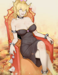 Rule 34 | 1girl, bare shoulders, black dress, black nails, blonde hair, bowsette, bracelet, breasts, cleavage, collar, collarbone, crown, dress, grin, half-closed eyes, highres, horns, jewelry, large breasts, long hair, looking at viewer, mario (series), materclaws, lava, nail polish, new super mario bros. u deluxe, nintendo, parted bangs, ponytail, purple eyes, realistic, sitting, skindentation, smile, solo, spiked bracelet, spikes, super crown, wide hips, yellow horns