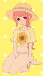 Rule 34 | 1girl, blush stickers, braid, breasts, female focus, flower, hat, long hair, matching hair/eyes, navel, one piece, pink eyes, pink hair, rebecca (one piece), smile, solo