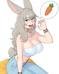 Rule 34 | 1girl, :d, animal ears, artist name, bandeau, bare arms, bare shoulders, blue eyes, bracelet, carrot, commentary, english commentary, fellatio gesture, grey hair, highres, jewelry, large ears, long hair, looking at viewer, midriff, mole, mole under eye, navel, open mouth, original, rabbit ears, rabbit girl, rabbit tail, rob ishi, simple background, sitting, smile, solo, speech bubble, spoken object, strapless, tail, tongue, tongue out, tube top, white background