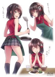 Rule 34 | 10s, 1girl, ^ ^, alternate costume, apron, artist name, ass, black legwear, breasts, brown eyes, closed eyes, commentary request, cooking, closed eyes, food, from behind, frying pan, green apron, grey skirt, grin, hair ornament, kantai collection, looking at viewer, medium breasts, microskirt, morigami (morigami no yashiro), multiple views, night battle idiot, open mouth, own hands together, plaid, plaid skirt, pleated skirt, red shirt, remodel (kantai collection), rice, sendai (kancolle), shirt, short hair, simple background, sitting, skirt, sleeveless, sleeveless shirt, smile, spatula, translated, twintails, two side up, white background