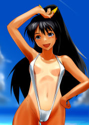 Rule 34 | 1girl, :d, areola slip, arm up, armpits, asaki yuki, black hair, blue eyes, cloud, day, ganaha hibiki, hand on own hip, idolmaster, idolmaster (classic), looking at viewer, navel, one-piece swimsuit, one-piece tan, open mouth, outdoors, ponytail, sky, slingshot swimsuit, smile, solo, standing, swimsuit, tan, tanline, wet, white one-piece swimsuit, white slingshot swimsuit