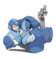 Rule 34 | 1boy, 1girl, android, armor, blue armor, carrying, carrying over shoulder, carrying person, helmet, highres, in-franchise crossover, joints, ktmckpp, long hair, looking at another, mechanical arms, mega man (character), mega man (classic), mega man (series), mega man x (series), robot, robot girl, robot joints, roll (mega man), single mechanical arm, smile, struggling, very long hair, x (mega man), zero (mega man)