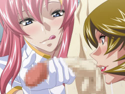 Rule 34 | 00s, 1boy, 2girls, :q, blonde hair, blush, bob cut, censored, clothed female nude male, gilbert durandal, gloves, gundam, gundam seed, gundam seed destiny, handjob, highres, licking lips, long hair, meer campbell, mosaic censoring, multiple girls, nude, parted lips, penis, pink hair, red lips, short hair, soul foundation, takapiko, talia gladys, tongue, tongue out, white gloves