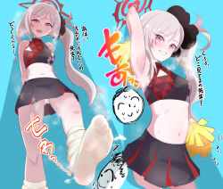 Rule 34 | 1girl, alternate costume, arm behind head, arm up, armpits, arms behind back, doodle sensei (blue archive), black skirt, blue archive, blue background, blush, cheerleader, commentary request, cowboy shot, crop top, daba (wandaba), eyelashes, feet, foot out of frame, foreshortening, grey hair, hair ornament, hair scrunchie, halo, head tilt, highres, holding, holding pom poms, legs, long hair, looking at viewer, loose socks, midriff, miniskirt, multicolored clothes, multicolored skirt, multiple views, mutsuki (blue archive), navel, no shoes, open mouth, paid reward available, panties, pink eyes, pleated skirt, pom pom (cheerleading), pom poms, red skirt, scrunchie, sensei (blue archive), shiny skin, shirt, side ponytail, sidelocks, simple background, skirt, sleeveless, sleeveless shirt, smell, socks, soles, sound effects, standing, standing on one leg, steaming body, sweat, teeth, thighs, translation request, underwear, upper teeth only, white panties, white socks