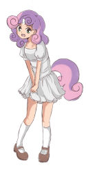 Rule 34 | 1girl, artist request, dress, highres, horns, kneehighs, mary janes, multicolored hair, my little pony, my little pony: friendship is magic, personification, pink hair, shoes, short dress, single horn, smile, socks, sweetie belle, tail, two-tone hair, white dress, white socks
