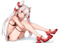 Rule 34 | 10s, 1girl, :d, amatsukaze (kancolle), ass, bare arms, bare legs, bare shoulders, bikini, black bikini, blush, bra, breasts, brown bra, brown eyes, brown neckwear, brown panties, brown ribbon, collarbone, from side, hair ribbon, hair tubes, high heels, highres, kantai collection, leaning forward, long hair, looking at viewer, looking to the side, no legwear, no socks, open mouth, panties, red footwear, ribbon, shoes, side-tie bikini bottom, side-tie panties, sideboob, silver hair, skindentation, small breasts, smile, solo, swimsuit, takanashie, thigh strap, twintails, two side up, underwear, underwear only, very long hair, white ribbon