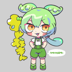 Rule 34 | 1girl, animal ears, big head, blush stickers, chibi, green footwear, green hair, green shorts, green suspenders, grey background, hair between eyes, highres, long hair, low ponytail, open mouth, puffy short sleeves, puffy sleeves, shirt, short sleeves, shorts, simple background, smile, solo, speech bubble, suspender shorts, suspenders, terada tera, voicevox, white shirt, yellow eyes, zundamon