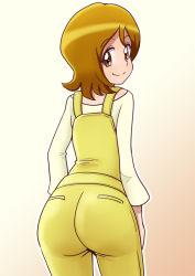 Rule 34 | 10s, 1girl, ass, bakusai, brown eyes, brown hair, female focus, from behind, happinesscharge precure!, looking back, oomori yuuko, overalls, precure, short hair, smile, solo