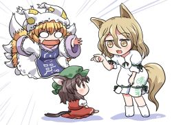 Rule 34 | 3girls, :3, :d, animal ears, animal hat, blonde hair, brown eyes, brown hair, cat ears, cat tail, chen, dress, emphasis lines, empty eyes, fox ears, fox shadow puppet, fox tail, full body, green headwear, hair between eyes, hat, kudamaki tsukasa, leaning forward, long sleeves, looking at another, medium hair, mob cap, multiple girls, multiple tails, nekomata, onesie, open mouth, puffy short sleeves, puffy sleeves, red dress, rokugou daisuke, short hair, short sleeves, simple background, sitting, smile, standing, sweatdrop, tabard, tail, touhou, two tails, v-shaped eyebrows, white background, white dress, white headwear, wide sleeves, yakumo ran