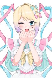 Rule 34 | 1girl, ;d, blonde hair, blue bow, blue dress, blue eyes, blue hair, blush, bow, chouzetsusaikawa tenshi-chan, commentary request, dress, gradient hair, hair bow, hands up, long hair, looking at viewer, multicolored hair, needy girl overdose, official alternate costume, one eye closed, open mouth, pink bow, pink hair, puffy sleeves, purple hair, quad tails, simple background, smile, solo, sweets paradise, upper body, white background, white bow, yumeno (yume0601)