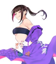 Rule 34 | 1girl, absurdres, arched back, bandaged hand, bandages, bandeau, black collar, black hair, black nails, blunt bangs, blurry, bracelet, breasts, collar, colored inner hair, commentary request, ear piercing, earrings, eye (mememem), from side, han juri, hands on own hips, highres, jewelry, looking at viewer, medium breasts, multicolored hair, off shoulder, piercing, pink hair, pink nails, ponytail, sidelocks, solo, streaked hair, street fighter, street fighter v, tongue, tongue out, two-tone hair, underboob