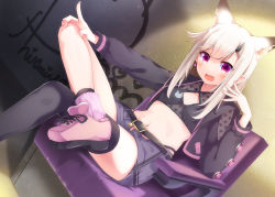 Rule 34 | 1girl, nanashi inc., :d, animal ear fluff, animal ears, animare, armchair, asymmetrical legwear, black panties, black thighhighs, breasts, chair, cropped jacket, extra ears, fang, fox ears, fox girl, highres, long sleeves, medium hair, navel, open clothes, open fly, open mouth, open shorts, panties, pink footwear, pointy ears, purple eyes, sch, shiromiya mimi, short shorts, shorts, silver hair, single thighhigh, sitting, skin fang, small breasts, smile, stomach, thighhighs, open fly, underwear, uneven legwear, virtual youtuber