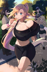 Rule 34 | 2boys, 2girls, bare shoulders, bike shorts, black shorts, black sports bra, blonde hair, blue eyes, braid, breasts, cleavage, colored inner hair, commentary request, highres, huge breasts, jogging, long hair, magister, multicolored hair, multiple boys, multiple girls, original, pandora smith, park, pink hair, ponytail, shiratama liliana, shorts, side braid, small breasts, sports bra, swept bangs, thighs, very long hair