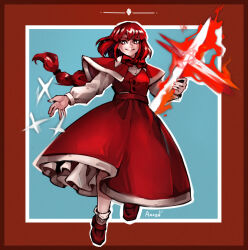 Rule 34 | 1girl, absurdres, anazel, braid, braided ponytail, bright pupils, capelet, closed mouth, commentary, dress, english commentary, full body, highres, long hair, looking at viewer, okazaki yumemi, outline, red capelet, red dress, red eyes, red footwear, red hair, signature, smile, socks, solo, touhou, touhou (pc-98), white outline, white pupils, white socks