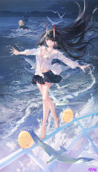 Rule 34 | 1girl, absurdres, animal, atdan, azur lane, bare legs, bare shoulders, barefoot, beach, bikini, bikini under clothes, bird, black bikini, black hair, black skirt, breasts, buoy, chick, closed mouth, collarbone, feet, floating hair, full body, halterneck, halterneck, highres, horns, legs, long hair, long sleeves, looking at viewer, manjuu (azur lane), medium breasts, miniskirt, navel, night, noshiro (azur lane), off shoulder, oni horns, outdoors, outstretched arms, pleated skirt, purple eyes, revision, seagull, see-through, shirt, skirt, smile, solo, spread toes, standing, stomach, strap gap, string bikini, swimsuit, thighs, tiptoes, toes, very long hair, white shirt