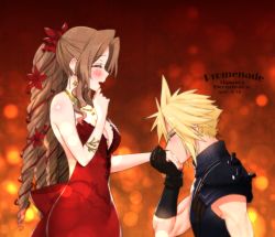 Rule 34 | 1boy, 1girl, :d, aerith gainsborough, aerith gainsborough (red dress), bare arms, bare shoulders, blonde hair, breasts, brown hair, cleavage, cloud strife, dress, earrings, final fantasy, final fantasy vii, final fantasy vii remake, gloves, jewelry, krudears, long hair, medium breasts, nail polish, necklace, open mouth, red dress, red nails, smile, spiked hair, square enix, star (symbol), star earrings, star necklace, strapless, strapless dress, wall market