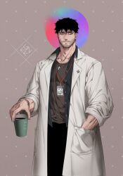 Rule 34 | 1boy, artist name, beard, black hair, blue eyes, bracelet, coat, coffee, coffee cup, cross, cross necklace, cup, disposable cup, dobek k, facial hair, feet out of frame, hairy, highres, jacket, jewelry, looking to the side, male focus, mature male, muscular, muscular male, necklace, open clothes, open jacket, open shirt, original, scp foundation, shirt, short hair, signature, simple background, solo, t-shirt