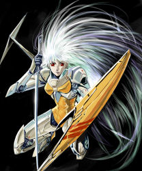Rule 34 | 1980s (style), 1girl, agahari, ariel (mecha), ariel (novel), black background, floating hair, holding, holding shield, holding sword, holding weapon, kneeling, long hair, looking at viewer, mecha, oldschool, red eyes, retro artstyle, robot, shield, solo, sword, very long hair, weapon, white hair
