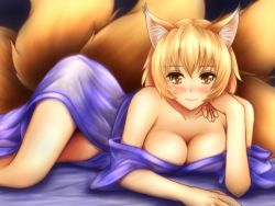 Rule 34 | 1girl, alternate costume, animal ears, arm support, blonde hair, blush, breasts, cleavage, collarbone, fox ears, fox tail, hozenkakari, large breasts, looking at viewer, lying, multiple tails, nightgown, no bra, on side, revision, see-through, short hair, smile, solo, tail, touhou, yakumo ran, yellow eyes