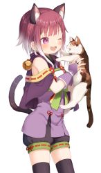 Rule 34 | 1girl, ;d, animal, animal ear fluff, animal ears, bare shoulders, bell, black shorts, black thighhighs, blush, bow, bridal gauntlets, brown hair, cat, cat ears, cat girl, cat tail, commentary request, fang, gradient hair, highres, holding, holding animal, jingle bell, muku (muku-coffee), multicolored hair, one eye closed, open mouth, princess connect!, puffy shorts, purple eyes, short shorts, shorts, simple background, skindentation, smile, solo, tail, tamaki (princess connect!), thighhighs, white background, white bow, white hair
