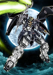 Rule 34 | bad id, bad pixiv id, beam scythe, clenched hands, energy, energy scythe, energy weapon, garimpeiro, glowing, glowing eyes, glowing weapon, green eyes, gundam, gundam deathscythe hell, gundam wing, highres, holding, holding scythe, looking down, mecha, mechanical wings, moon, multiple wings, no humans, plasma, robot, scythe, v-fin, weapon, wings