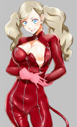 Rule 34 | 10s, 1girl, blonde hair, blue eyes, blush, bodysuit, breasts, cat tail, cleavage, gloves, grey background, highres, large areolae, large breasts, long hair, long sleeves, looking at viewer, nipples, no bra, open clothes, persona, persona 5, pink gloves, presenting, sato iori, simple background, smile, solo, standing, tail, takamaki anne, twintails, unzipped, zipper