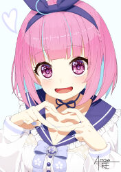 Rule 34 | 1girl, absurdres, anchor symbol, blue hairband, blue nails, bob cut, bow, choker, colored inner hair, hairband, heart, heart hands, highres, hololive, jacket, looking at viewer, lunch boxer, minato aqua, minato aqua (sailor), multicolored hair, open mouth, pink eyes, sailor collar, short hair, simple background, smile, solo, virtual youtuber, white jacket