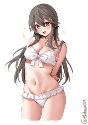Rule 34 | 1girl, bare shoulders, bikini, black hair, blush, breasts, brown eyes, cleavage, collarbone, cowboy shot, cropped legs, ebifurya, frilled bikini, frills, front-tie bikini top, front-tie top, gluteal fold, hair between eyes, hair ornament, hairclip, haruna (kancolle), highres, kantai collection, large breasts, long hair, looking at viewer, navel, one-hour drawing challenge, open mouth, simple background, smile, solo, swimsuit, twitter username, white background