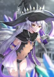 Rule 34 | 1girl, drowpan4 23, flat chest, hat, highres, hilda (stella glow), leotard, long hair, navel, see-through, see-through leotard, solo, stella glow, very long hair, white hair, witch, witch hat, yellow eyes