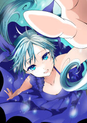 Rule 34 | 1girl, absurdres, air bubble, arm up, blue eyes, blue hair, bubble, crying, dress, floating hair, from above, hatsune miku, highres, lavie (cestbonlavie), long hair, looking at viewer, open mouth, reaching, reaching towards viewer, shinkai shoujo (vocaloid), sleeveless, sleeveless dress, solo, tears, twintails, underwater, very long hair, vocaloid