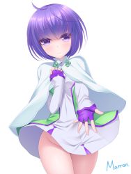 Rule 34 | 1girl, ahoge, artist name, beckoning, blush, bob cut, breasts, capelet, closed mouth, cowboy shot, dress, espoir, eyebrows, fingerless gloves, gloves, hand on own chest, long sleeves, looking at viewer, maron (1212ama), no panties, outstretched arm, purple eyes, purple hair, short dress, short hair, signature, simple background, small breasts, smile, solo, sound voltex, sound voltex ii infinite infection, white background