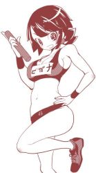 Rule 34 | 1girl, baton, breasts, chorimokki, cleavage, collarbone, creatures (company), game freak, grin, hand on own hip, holding, large breasts, leg up, looking at viewer, monochrome, name tag, navel, nintendo, pokemon, pokemon oras, shoes, short hair, simple background, smile, sneakers, solo, sports bikini, swimsuit, teeth, white background, wristband, zinnia (pokemon)