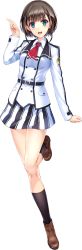 Rule 34 | 1girl, anemori ayano, ankle boots, aqua eyes, black legwear, boots, brown hair, full body, highres, leg up, long sleeves, looking at viewer, misaki kurehito, official art, open mouth, ragnastrike angels, school uniform, short hair, skirt, smile, solo, striped, transparent background, vertical stripes