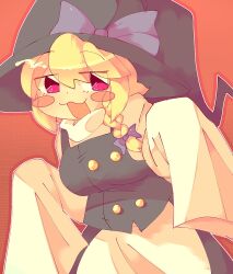 Rule 34 | 1girl, :3, apron, black hat, black skirt, black vest, blonde hair, blush, bow, braid, breasts, buttons, commentary, cookie (touhou), cowboy shot, english commentary, eyes visible through hair, hair between eyes, hair bow, hat, hat bow, highres, kirisame marisa, large breasts, looking at viewer, medium bangs, open mouth, orange background, outline, pink eyes, poppos, purple bow, shirt, short hair, simple background, single braid, skirt, skirt set, sleeves past fingers, sleeves past wrists, smile, solo, touhou, turtleneck, vest, waist apron, white apron, white outline, white shirt, witch hat, yuuhi (cookie)