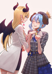 Rule 34 | 2girls, animal ears, belt, beret, blonde hair, blue eyes, blue hair, blush, bow, breasts, choker, closed eyes, crown, demon girl, demon horns, demon wings, dress, fake animal ears, hair between eyes, hair ornament, hand on another&#039;s chin, hat, heart, highres, hololive, horn ornament, horns, hoshimachi suisei, hoshimachi suisei (1st costume), jewelry, lab coat, long hair, looking at another, medium hair, mini crown, miniskirt, multiple girls, open mouth, paw pose, piercing, plaid, plaid dress, pointy ears, ribbon, rin.hayashiki, skirt, smile, star (symbol), stroking another&#039;s chin, twitter username, virtual youtuber, white background, wings, yuzuki choco, yuzuki choco (1st costume)