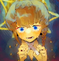 Rule 34 | 1girl, blue background, blue dress, blue eyes, blush, braid, brush stroke, collarbone, crown braid, crying, crying with eyes open, curly hair, dark background, dress, fate/grand order, fate (series), faux traditional media, furrowed brow, hands up, hat, blue background, looking at viewer, multicolored background, open mouth, orange hair, painting (medium), portrait, reaching, short hair, side braid, solo, straw hat, swept bangs, tears, traditional media, van gogh (fate), viroa, yellow hat