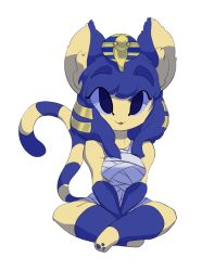 Rule 34 | :3, absurdres, animal crossing, animal ears, animal hands, ankha (animal crossing), arms between legs, bandages, barefoot, between legs, black eyes, blue eyes, blue fur, blue hair, body fur, breasts, cat ears, cat girl, cat paws, cat tail, colored skin, commentary, dress, edwin (strange raptor), english commentary, eyes visible through hair, full body, furry, furry female, grey dress, hair ornament, hand between legs, highres, large breasts, long hair, looking at viewer, nintendo, parted lips, purple eyes, raised eyebrows, simple background, sitting, smile, snake hair ornament, striped tail, tail, thick eyebrows, two-tone fur, v arms, white background, yellow fur, yellow skin