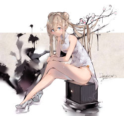 Rule 34 | 1girl, bare arms, bare legs, bare shoulders, blue eyes, branch, brown hair, china dress, chinese clothes, closed mouth, commentary request, crossed legs, dated, dema hmw, double bun, dress, eyebrows hidden by hair, flower, full body, girls&#039; frontline, grey dress, grey footwear, hair between eyes, hair bun, high heels, highres, ink, long hair, looking at viewer, shoes, signature, sitting, sleeveless, sleeveless dress, smile, solo, suomi (girls&#039; frontline), thighs, twintails, very long hair, white flower
