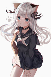 1girl absurdres animal_ear_fluff animal_ears bag black_serafuku black_skirt blue_eyes blush cat_ears closed_mouth collar eyes_visible_through_hair fang grey_hair hair_between_eyes hair_ribbon highres legs long_hair long_sleeves looking_at_viewer original pleated_skirt ribbon riko_(rik0ring) school_uniform serafuku shoulder_bag sidelocks simple_background skirt solo standing thighs white_background white_hair