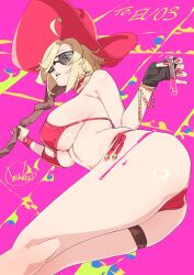 Rule 34 | 1girl, ahoge, armpit crease, artist name, ass, bare shoulders, bikini, black gloves, blonde hair, breasts, commentary request, cowboy hat, fingerless gloves, from below, from side, gloves, green eyes, hat, henken, highres, holding, holding staff, holding test tube, kneepits, large breasts, mole, mole under mouth, original, pink background, red bikini, red hat, shiny skin, short hair, side-tie bikini bottom, sideboob, signature, simple background, solo, staff, sunglasses, swimsuit, test tube, thick thighs, thigh strap, thighs, underboob