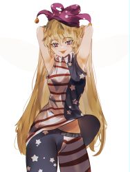 Rule 34 | 1girl, :p, american flag legwear, american flag shirt, armpits, arms behind head, arms up, blonde hair, blouse, blush, breasts, chromatic aberration, clothes lift, clownpiece, commentary request, contrapposto, cowboy shot, hair between eyes, hat, highres, jester cap, long hair, looking at viewer, medium breasts, midriff peek, naufaldreamer, neck ruff, pantyhose, polka dot, purple hat, red eyes, shirt, simple background, sleeveless, sleeveless shirt, solo, standing, star (symbol), star in eye, star print, symbol in eye, tongue, tongue out, touhou, very long hair, white background