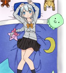 Rule 34 | 10s, 1girl, :&gt;, arms up, bed, bed sheet, black skirt, black socks, blanket, blue eyes, blush, bow, bowtie, braid, breasts, buttons, closed mouth, crescent, eromanga sensei, from above, grey jacket, hair bow, izumi sagiri, jacket, kneehighs, long hair, long sleeves, looking at viewer, looking up, lying, necktie, on back, on bed, orange bow, orange bowtie, orange necktie, pillow, pink bow, reacyua, self-upload, silver hair, single braid, skirt, small breasts, smile, socks, stuffed animal, stuffed toy, tareme, teddy bear, uniform, very long hair
