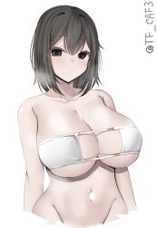 Rule 34 | 1girl, absurdres, ahoge, akitsu maru (kancolle), bare shoulders, bikini, black hair, blush, breasts, brown eyes, commentary request, cowboy shot, eyepatch bikini, groin, highres, huge breasts, kantai collection, looking at viewer, navel, short hair, simple background, smile, solo, swimsuit, tf cafe, twintails, twitter username, visible air, white background, white bikini