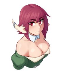 Rule 34 | 1girl, au ra, warrior of light (ff14), bare shoulders, breasts, cleavage, collarbone, cropped torso, detached collar, fictional persona, final fantasy, final fantasy xiv, highres, horns, juliet sleeves, large breasts, long sleeves, looking at viewer, original, puffy sleeves, red eyes, red hair, rob ishi, scales, short hair, simple background, solo, twitter username, upper body, white background