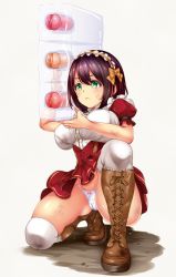 Rule 34 | 1girl, artificial vagina, bad id, bad pixiv id, boots, bow, bow panties, breasts, brown footwear, cameltoe, closed mouth, cross-laced footwear, dress, green eyes, highres, knee boots, lace-up boots, large breasts, maid, maid headdress, on one knee, original, panties, puffy short sleeves, puffy sleeves, purple hair, red dress, serious, sex toy, short hair, short sleeves, solo, thighhighs, underwear, white panties, white thighhighs, yutsuki tsuzuri, yuzuki tsuzuru