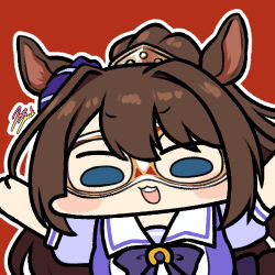 Rule 34 | 1girl, animal ears, blue eyes, blush, bow, bowtie, brown hair, chibi, commentary, domino mask, el condor pasa (umamusume), horse ears, horse girl, jazz jack, long hair, lowres, mask, open mouth, ponytail, purple bow, purple bowtie, purple scrunchie, purple shirt, red background, sailor collar, school uniform, scrunchie, shirt, signature, simple background, smile, solo, teeth, tracen school uniform, umamusume, upper body, white sailor collar